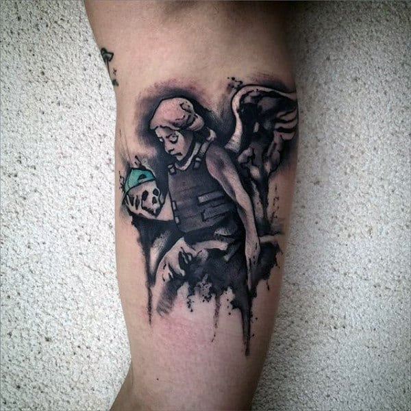 Watercolor Angel With Bulletproof Vest Mens Inner Arm Tattoos