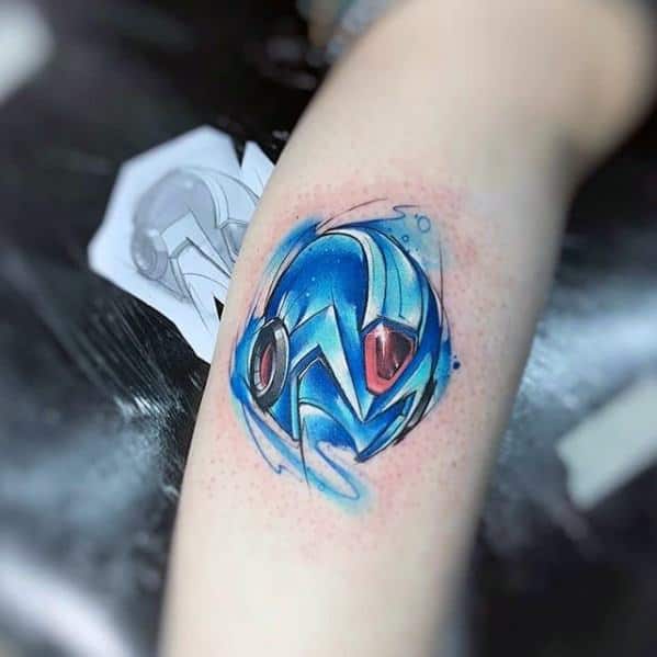 Watercolor Arm Male Megaman Helmet Tattoo Designs