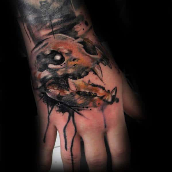 Watercolor Artistic Bear Skull Male Hand Tattoos