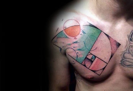 Watercolor Artistic Fibonacci Spiral Male Upper Chest Tattoo Ideas