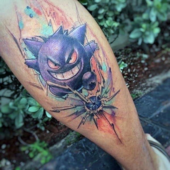 Dynamic Gengar tattoo with watercolor splashes and crackling lightning effects, capturing powerful motion and a mischievous, intense vibe.