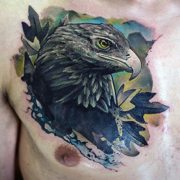 Watercolor Background 3d Mens Eagle Upper Chest Tattoos