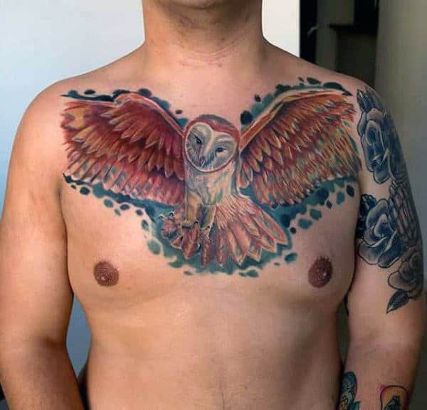 Watercolor Background Guys Barn Owl Chest Tattoos