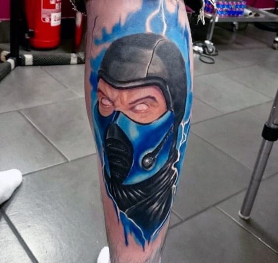 Watercolor Background Lightning Male Mortal Kombat Sub Zero Leg Tattoos