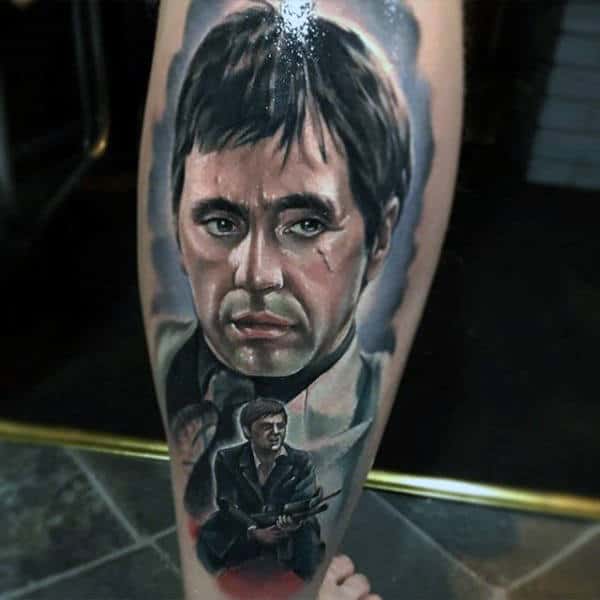 Watercolor Background Mens Scarface Themed Leg Tattoo