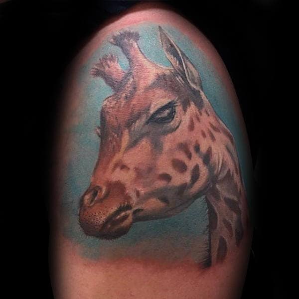 Watercolor Background Sky Male Giraffe Upper Arm Tattoos