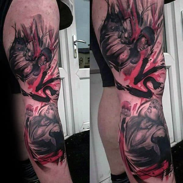 Watercolor Black And Red Ink Street Fighter Male Tattoos On Leg