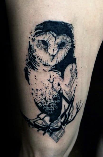 Watercolor Black Ink Barn Owl Thigh Tattoo On Man