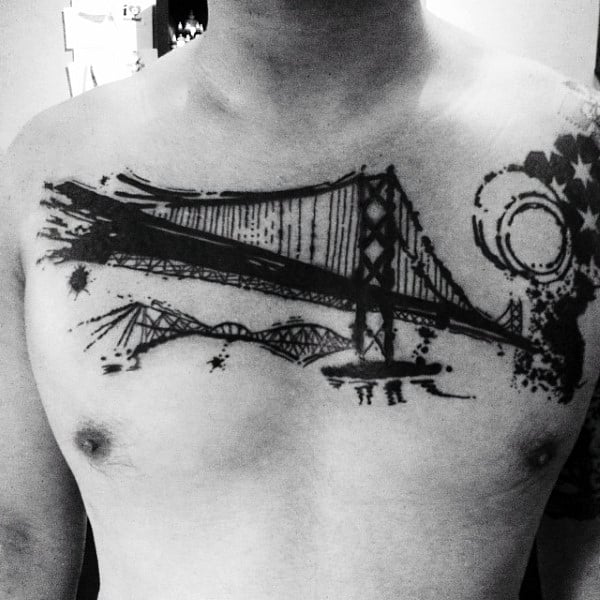 Watercolor Black Ink Bridge Male Chest Tattoo