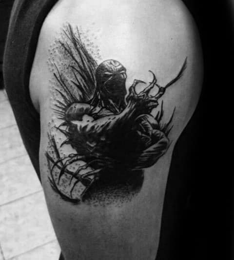Watercolor Black Ink Spawn Upper Arm Tattoo On Gentleman