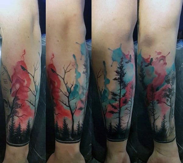 Watercolor Blue And Red Forest Mens Wrist Tattoos