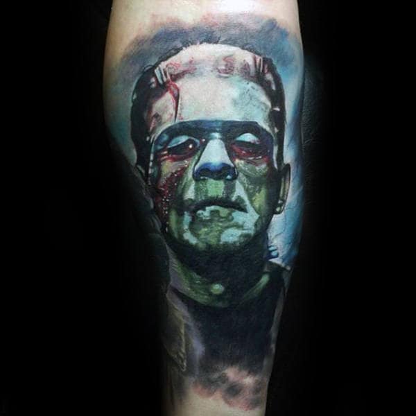 Watercolor Blue Ink Background Male Frankenstein Leg Tattoos