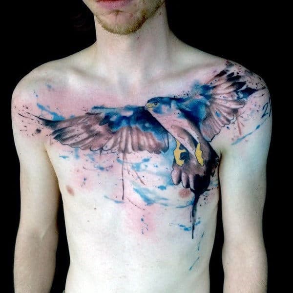 Watercolor Blue Ink Guys Falcon Chest Tattoos
