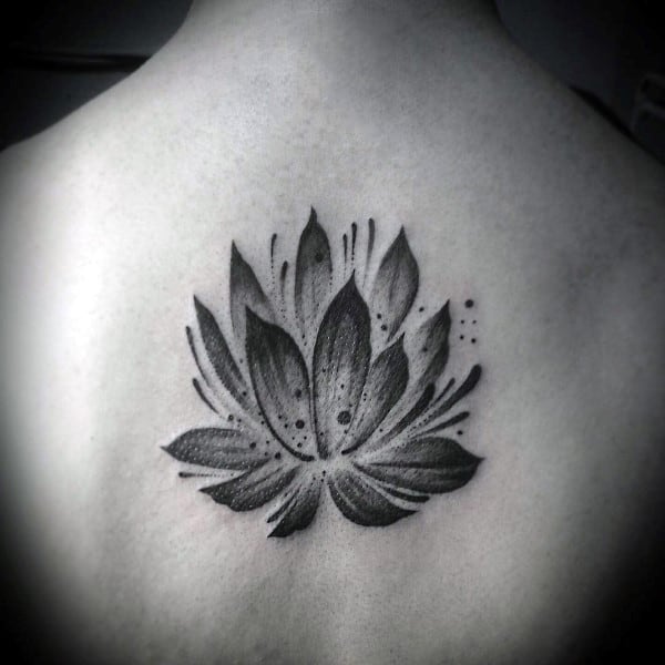 Watercolor Brush Stroke Male Lotus Flower Back Tattoo