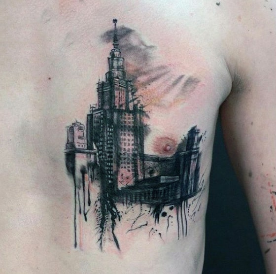 Watercolor Building Mens Chest Tattoos