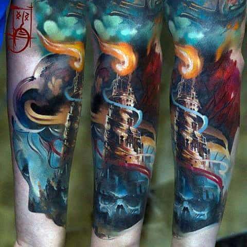 Watercolor Building With Skull Colorful Mens Forearm Tattoos