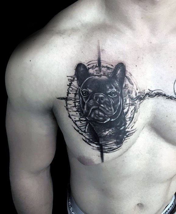 Watercolor Bulldog Guys Upper Chest Tattoo Ideas