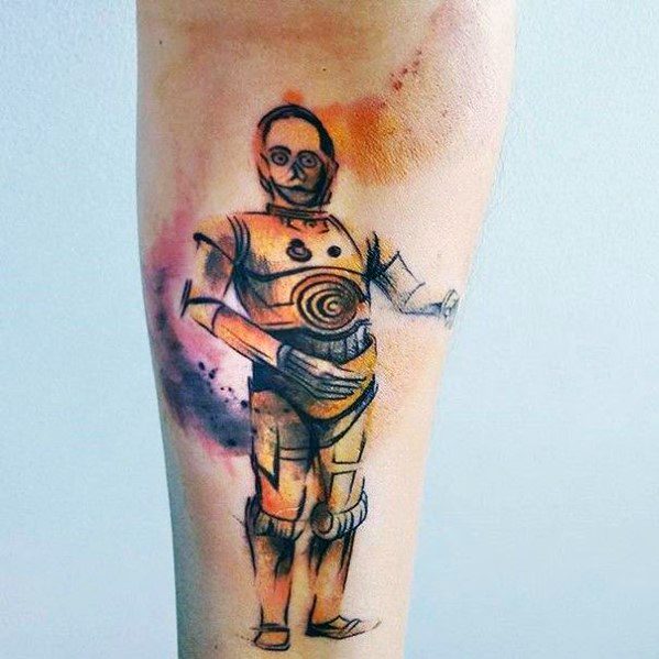 Artistic C-3PO tattoo with a watercolor splash effect, blending sketch-like lines and vibrant colors for a unique, abstract sci-fi design.