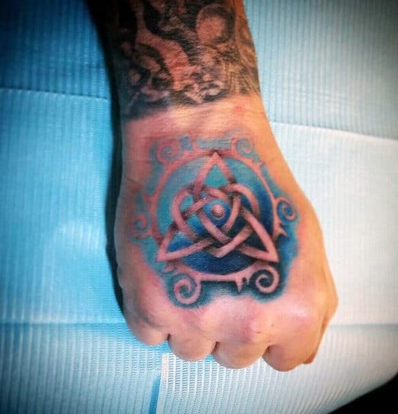 Watercolor Celtic Knot Trinity Mens Hand Tattoos