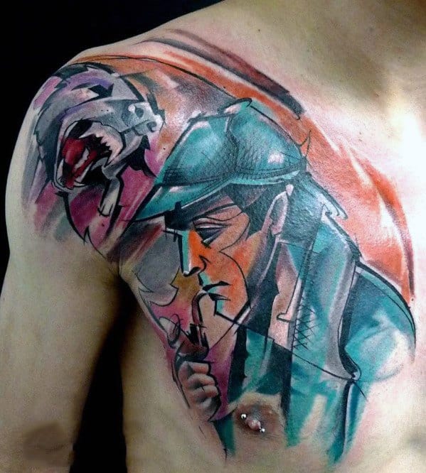 Colorful tattoo of Sherlock Holmes with a pipe and a roaring tiger on a person's shoulder