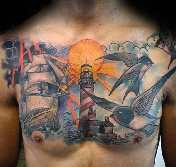 Watercolor Clouds With Birds Ship And Lighthouse Mens Old School Chest Tattoo