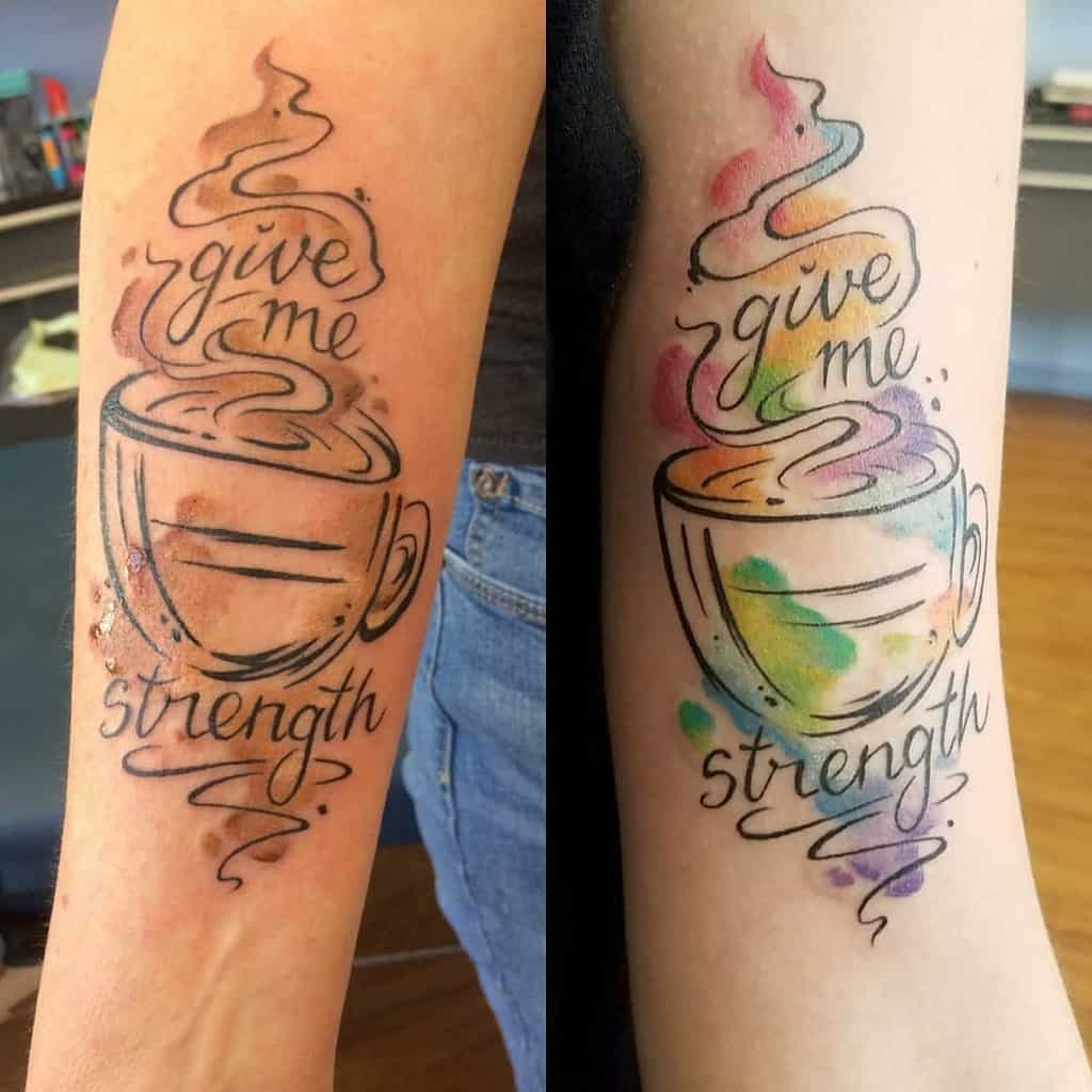 Matching "give me strength" mother-daughter tattoos featuring a steaming cup, one with black ink, the other with colorful watercolor effects