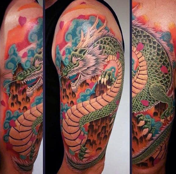 Colorful dragon tattoo covering an upper arm