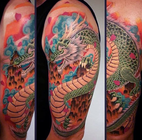 Watercolor Colofrul Male Chinese Dragon Half Sleeve Tattoos