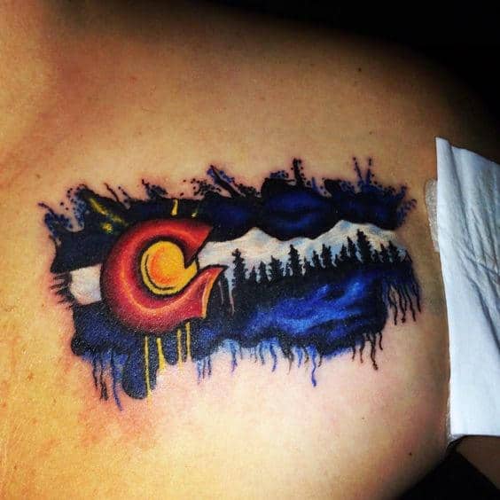 Watercolor Colorado Flag Tattoo On Gentlemans Upper Chest
