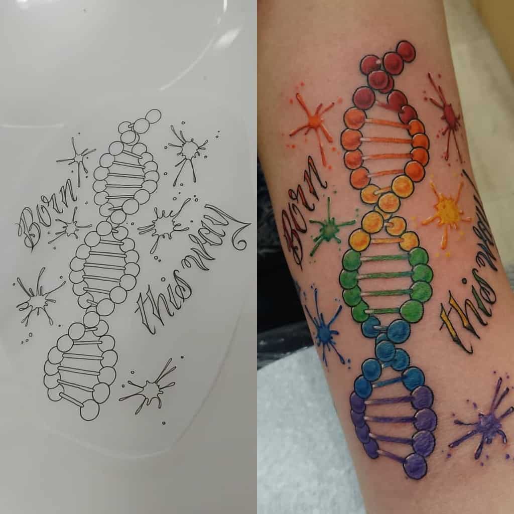 Black and white tattoo sketch next to a colored DNA tattoo with "Born this way" text