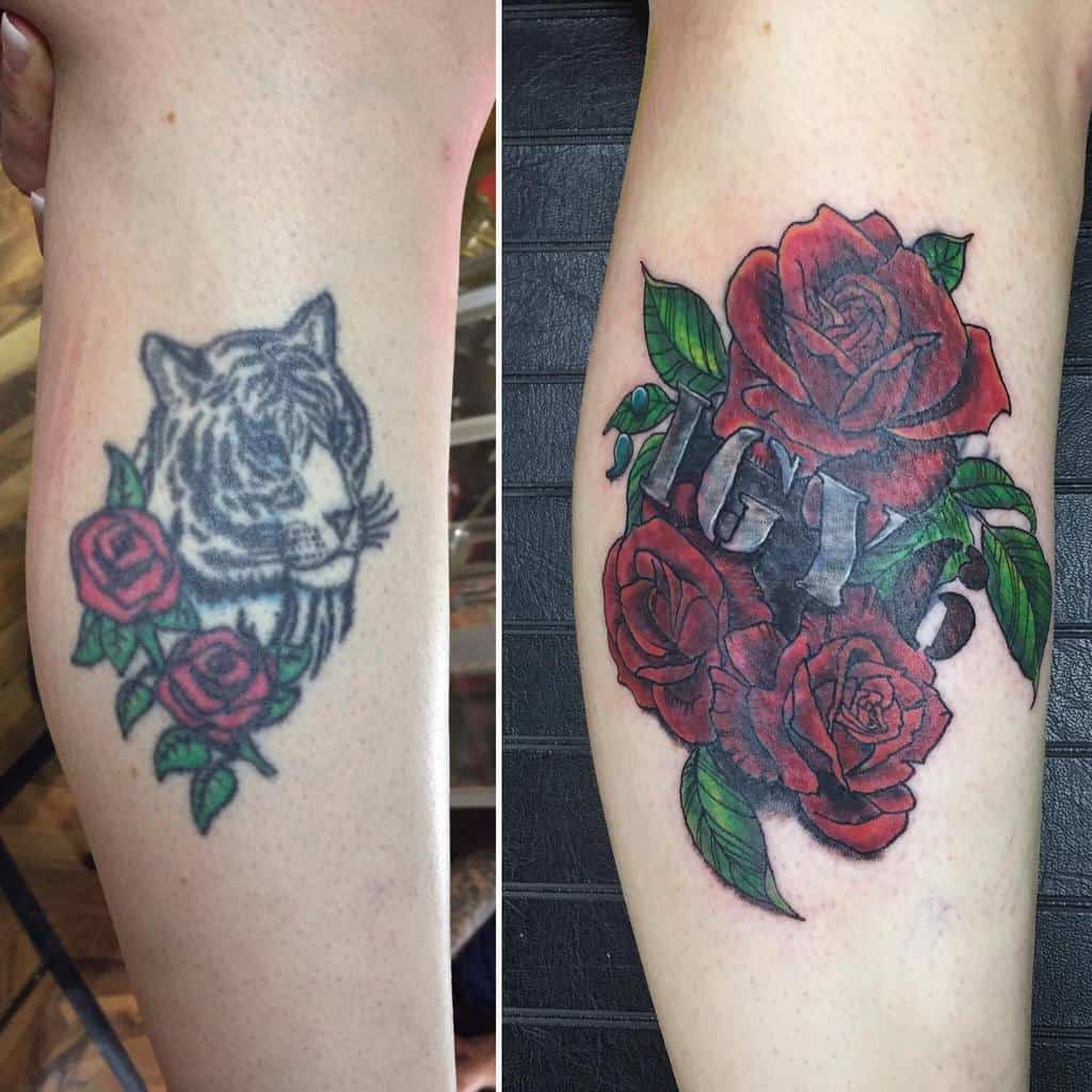 Before and after tattoo transformation: original tiger and rose design updated with vibrant red roses surrounding ';IGY6' text