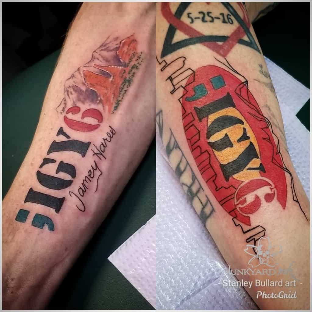 Two forearm tattoos featuring ";IGY6," one with scenic mountains and "journey forward," the other with cityscape and date "5-25-16"