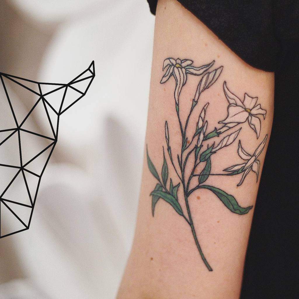 Tattoo of jasmine flowers with green leaves on an arm