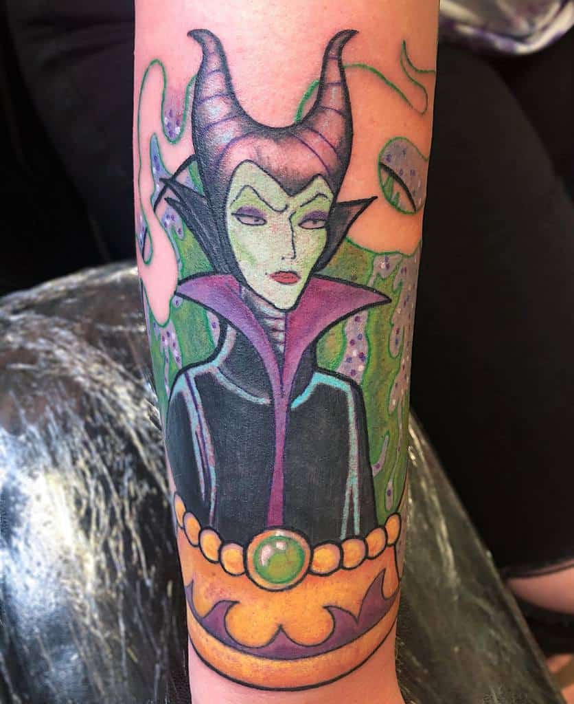 Stylized Maleficent tattoo with vivid colors, swirling magical energy, and her signature menacing expression