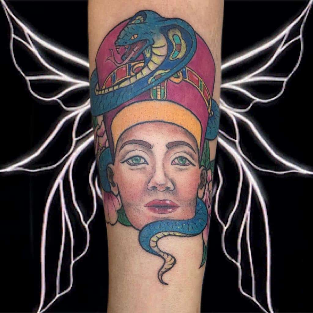 Tattoo of an Egyptian queen with a snake on her head