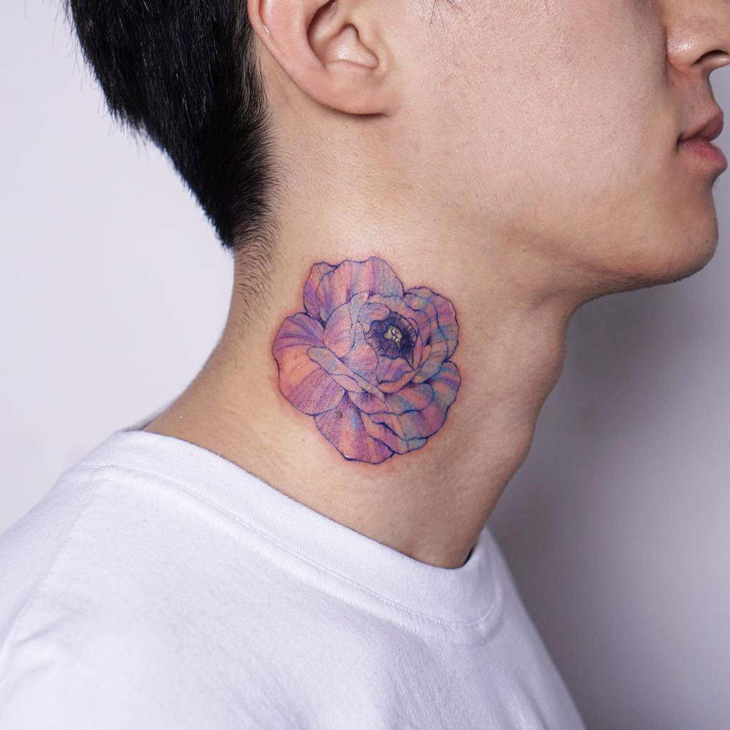 Watercolor-inspired neck tattoo showcasing a delicate rose in vibrant hues of purple and pink, with intricate petal details creating a soft and artistic appearance