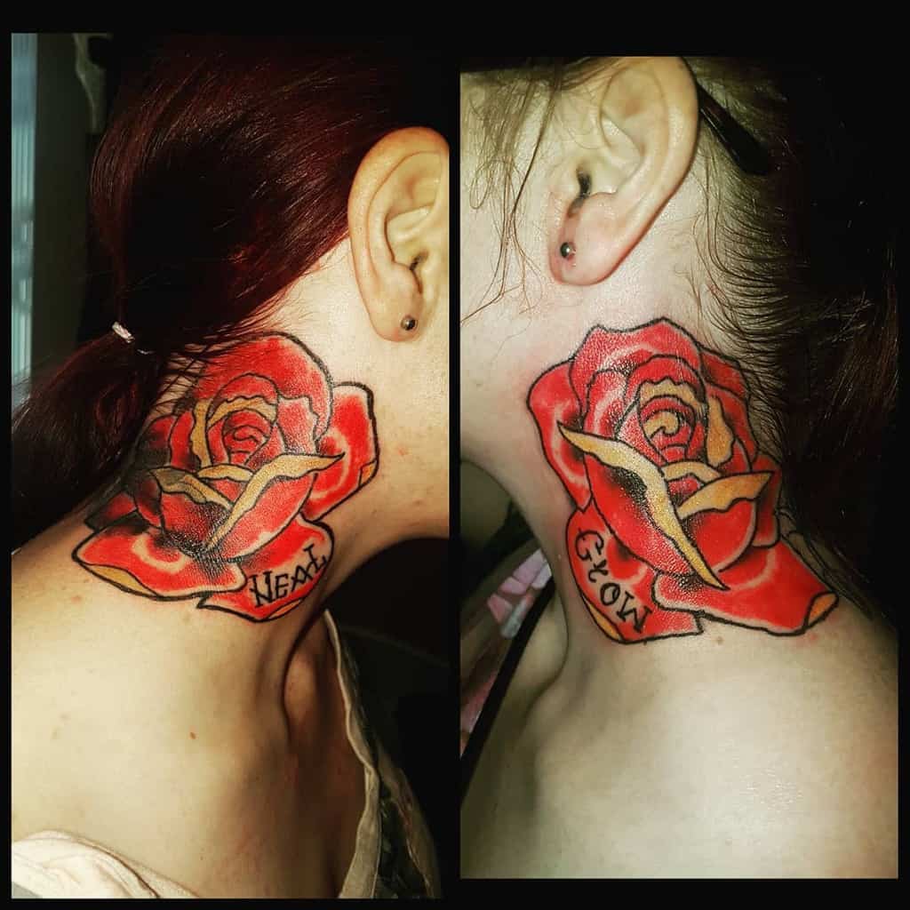 Side-by-side images of a large red rose neck tattoo with the words "hear" and "grow"