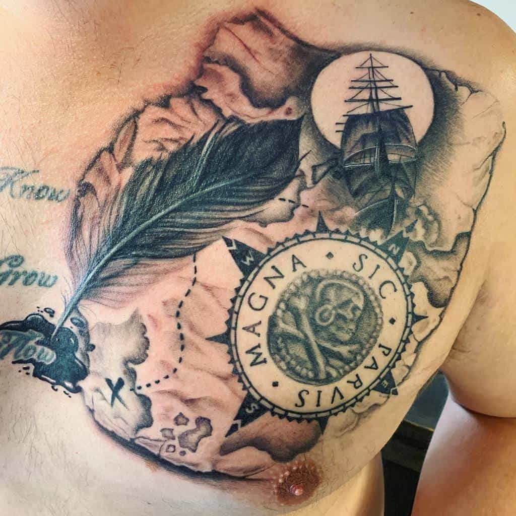 Tattoo of a map with a feather, compass, ship, and "MAGNA SIC PARVIS" on a chest