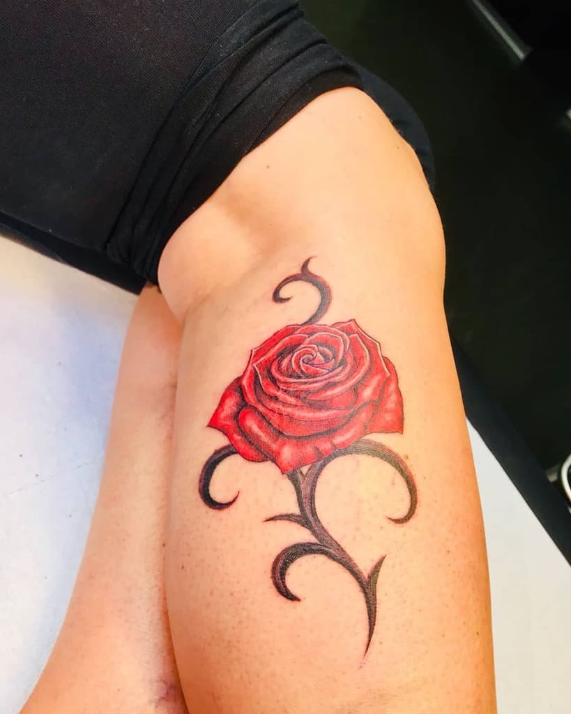 A vibrant red rose intertwined with a striking black tribal design elegantly adorns the person's upper arm