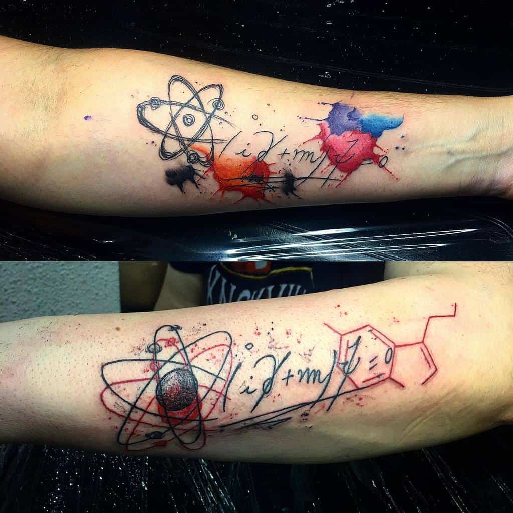 Two forearm tattoos featuring colorful atoms and mathematical equations in a watercolor style