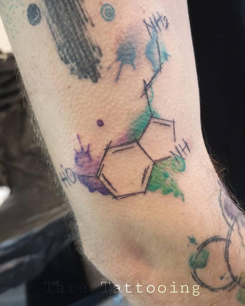Tattoo of serotonin molecule with watercolor background on arm