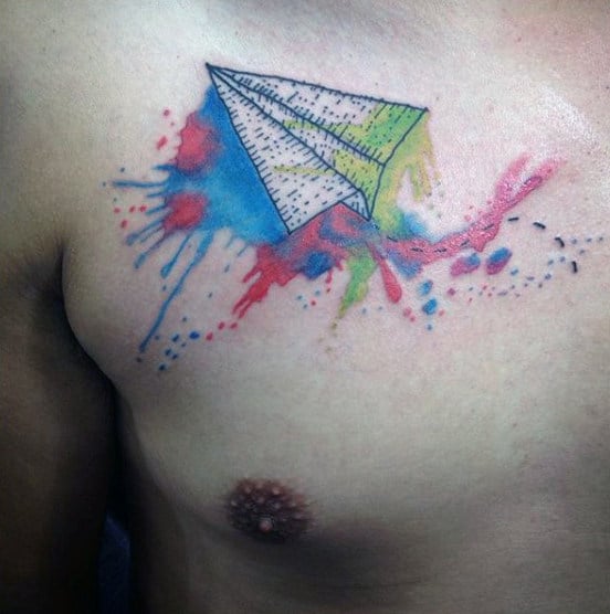 Watercolor Colorful Male Paper Airplane Tattoo On Chest