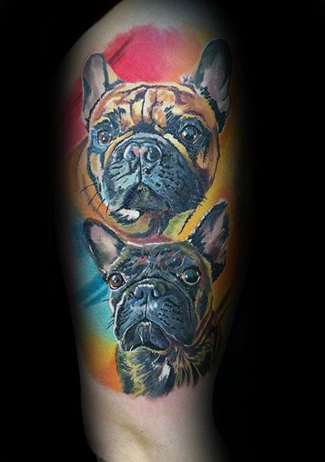 Watercolor Colorful Mens Bulldog Half Sleeve Tattoos