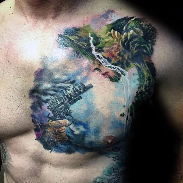 Watercolor Colorful Mens Upper Chest Modern Tattoo Design Ideas