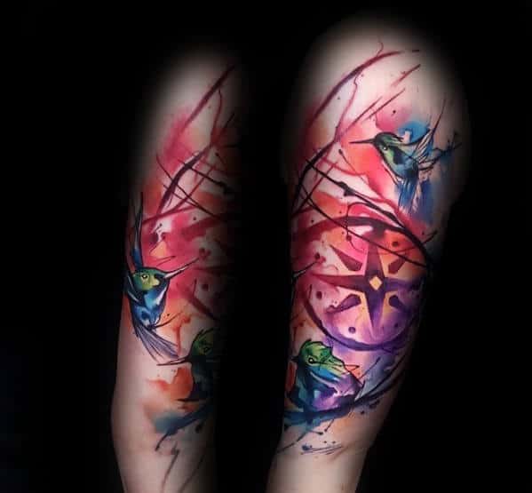 Watercolor Compass With Birds Mens Arm Tattoos