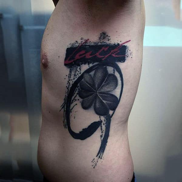 Watercolor Cool Four Leaf Clover Tattoos For Guys On Rib Cage Side