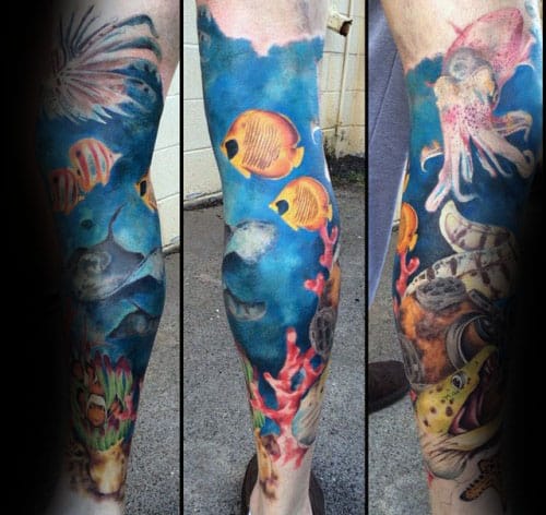 Watercolor Coral Reef Leg Sleeve Tattoo On Man