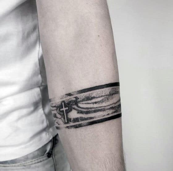 Watercolor Cross Male Forearm Band Tattoo