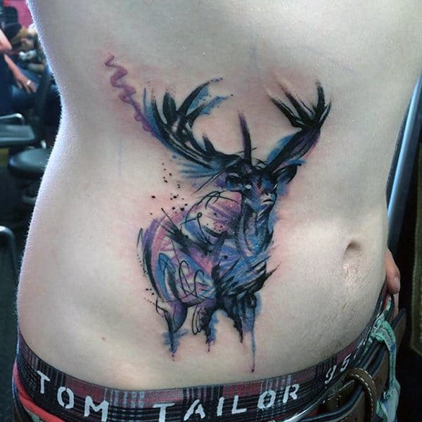 Watercolor Deer Antler Tattoos For Men On Rib Cage Side