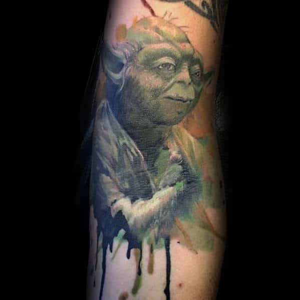 Watercolor Dripping Paint Yoda Male Inner Arm Tattoo